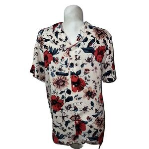 Denim & Flower Top Ricky Singh Mens Floral SS Camp Collar Shirt Red White Size L